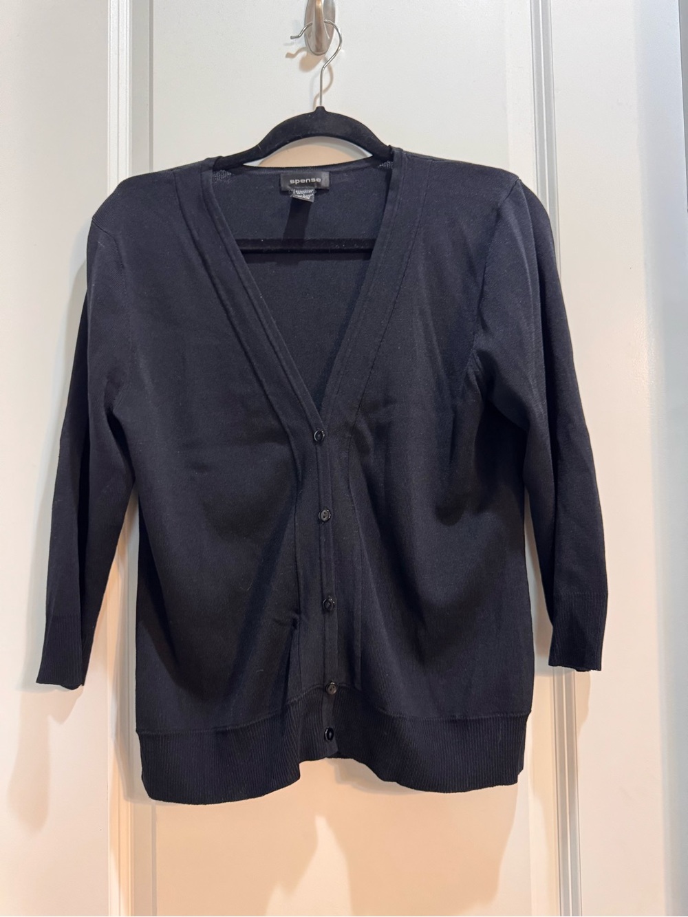 Spense Black Cardigan sweater Large VNeck 3/4 sleeves  Armpit To Armpit 20”